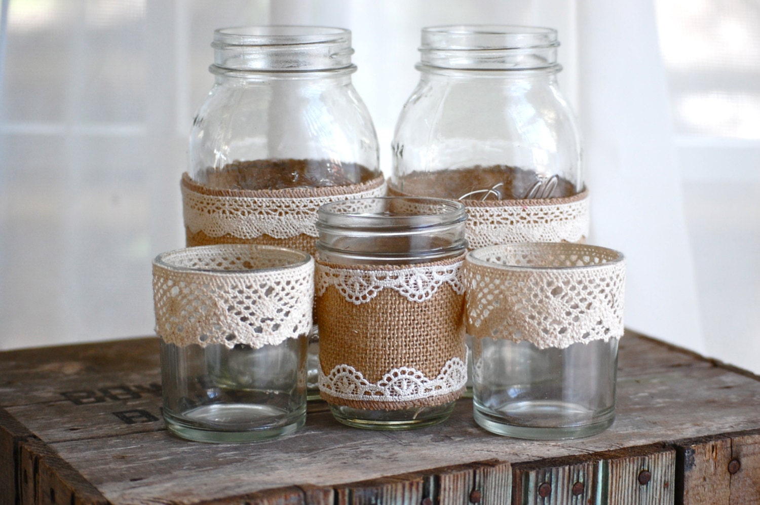 Burlap and lace mason jars / rustic wedding / country wedding / vase