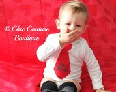 Baby Boy 1st Valentine's Day "Be Mine" Tie Onesie and Leg Warmers Set.   Any Personalization.  Baby Boy's 1st Outfit. Silky Red. Red Chevron