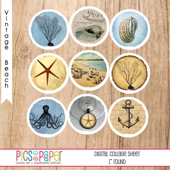 Bottle Cap Images 1" round circle Vintage Sea and Beach, Ocean  Life Digital Collage Sheet No.95 INSTANT DOWNLOAD