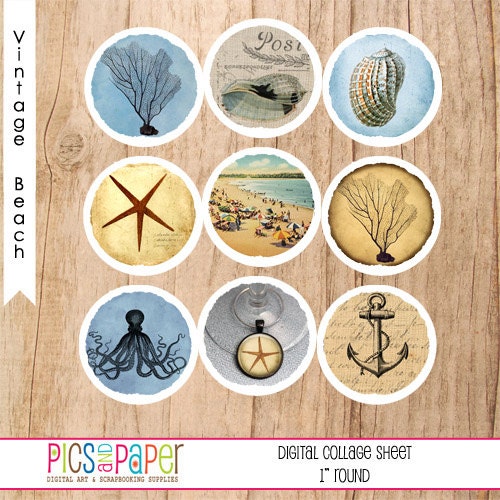 Bottle Cap Images 1" round circle Vintage Sea and Beach, Ocean  Life Digital Collage Sheet No.95 INSTANT DOWNLOAD