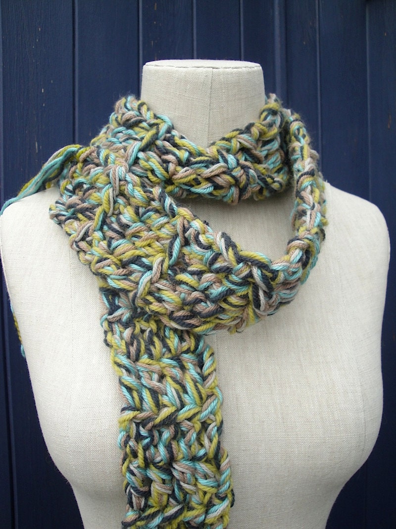 Kinda Long and Skinny Scarf in Blues, Tans and Lemony Yellow. Free Shipping.