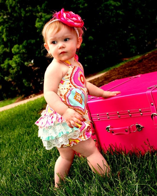 Girls Ruffles and Lace Halter Kamari Garden Romper Sizes 6-12 M, 12-18 M, 18-24 M, 2, 3, 4, 5