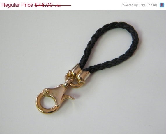 on sale black  Leather braided keychain and brass clasp, handmade ,Original for man and woman Gift Idea