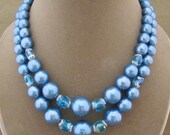 Blue Beaded Double Strand Vintage Necklace with Crystals