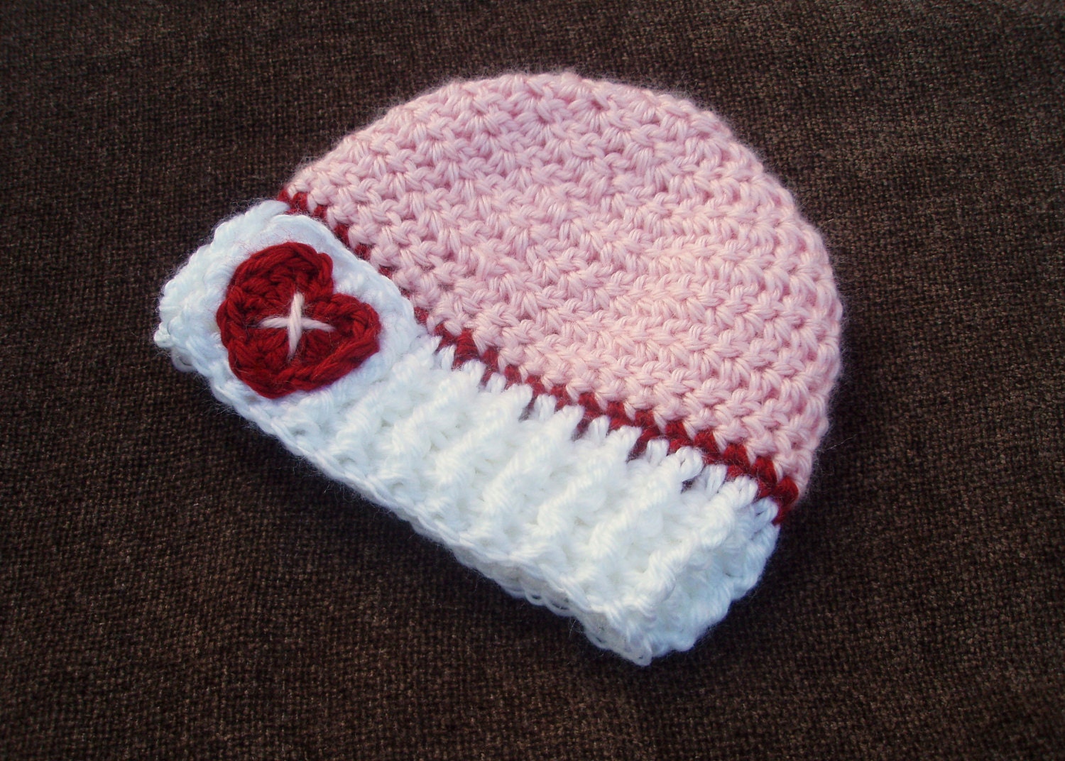Crochet Baby Hat with Heart - Pink and White Ribbed Beanie with Red Heart Accent