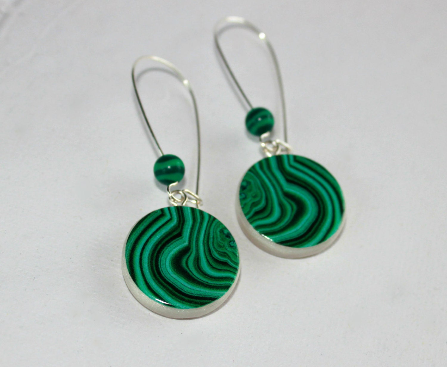 Green Malachite Print,  Polymer Clay Earring With Malachite Beads