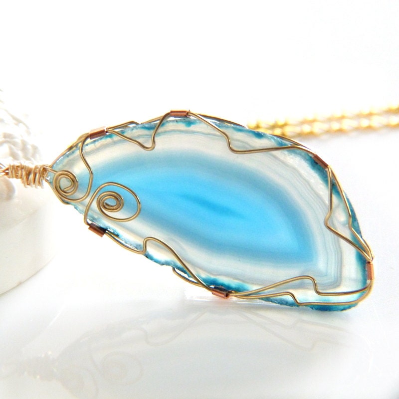 Agate Slice Wire Wrapped Pendant Necklace in Blue - Wire Wrapped Jewelry in Teal Blue - Lightborn