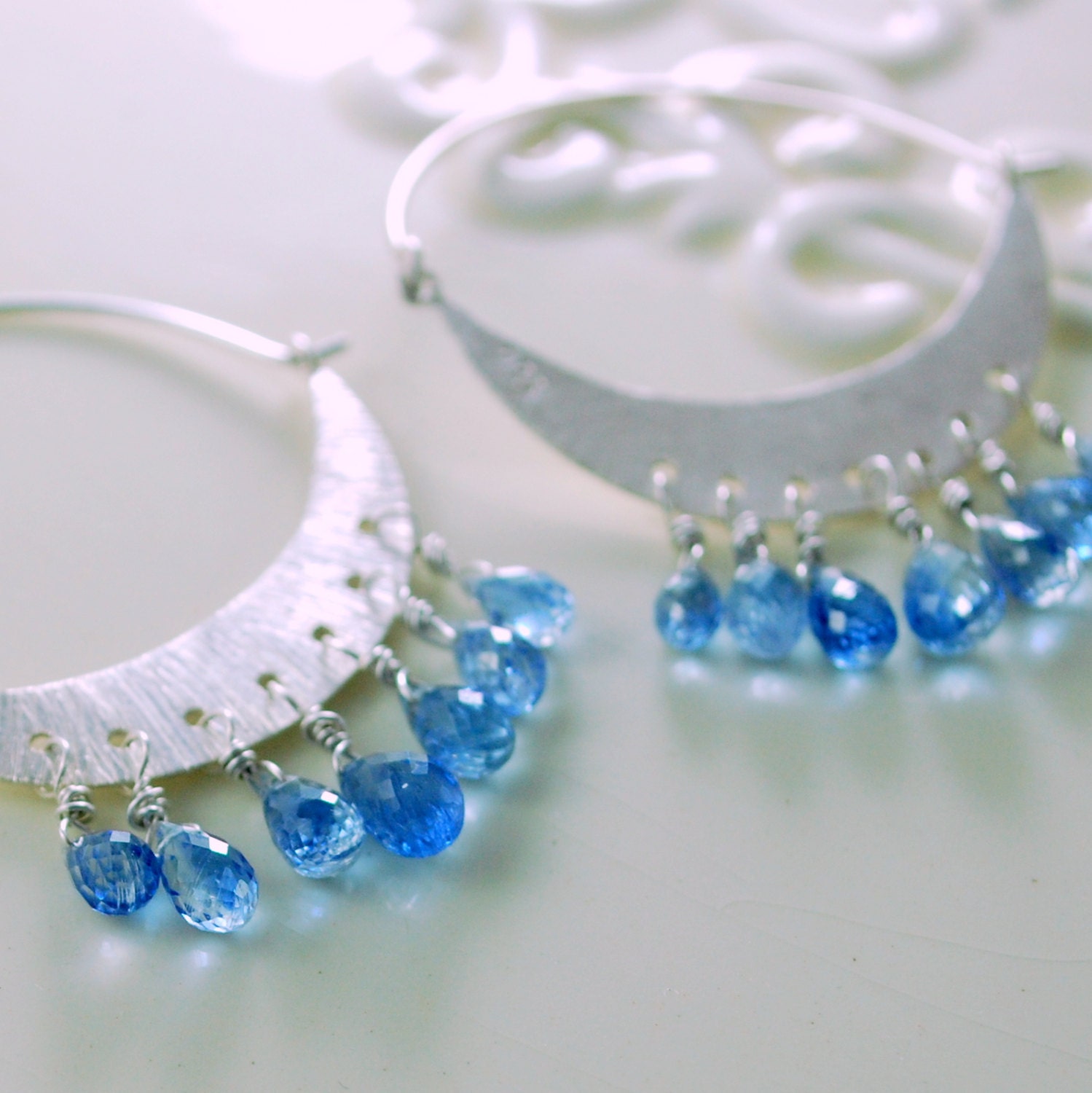 SALE Kyanite Hoop Earrings Sterling Half Moon Royal Blue Wire Wrapped Matte Silver Jewelry Free Shipping