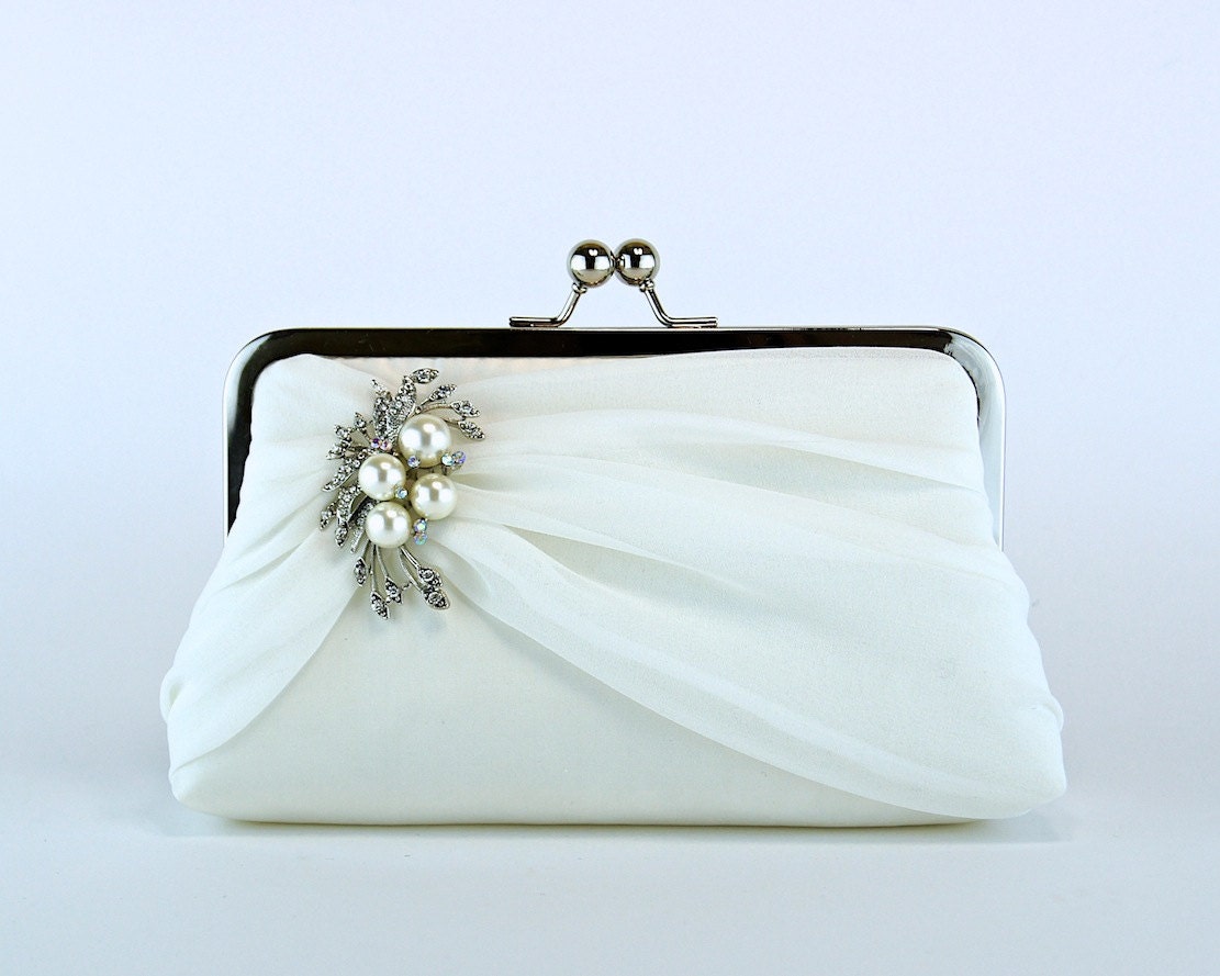 EllenVintage Silk Chiffon Clutch with Brooch, Wedding clutch, Wedding bag, Bridal clutch, Purse for wedding