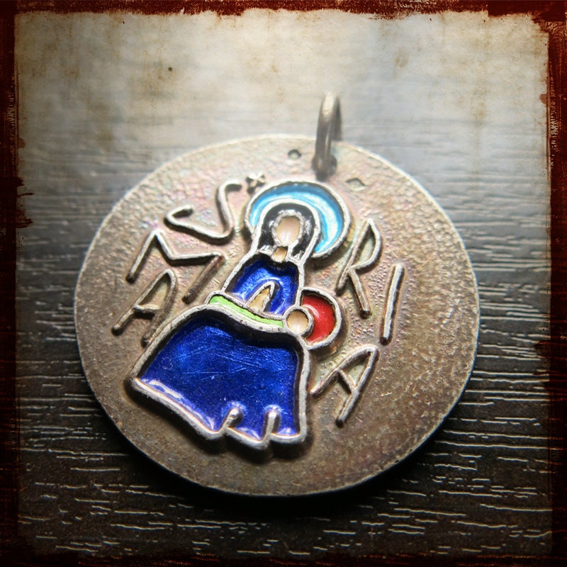 Antique French solid silver Virgin Mary enamel religious medal by Elie Pellegrin - Vintage Medal from france
