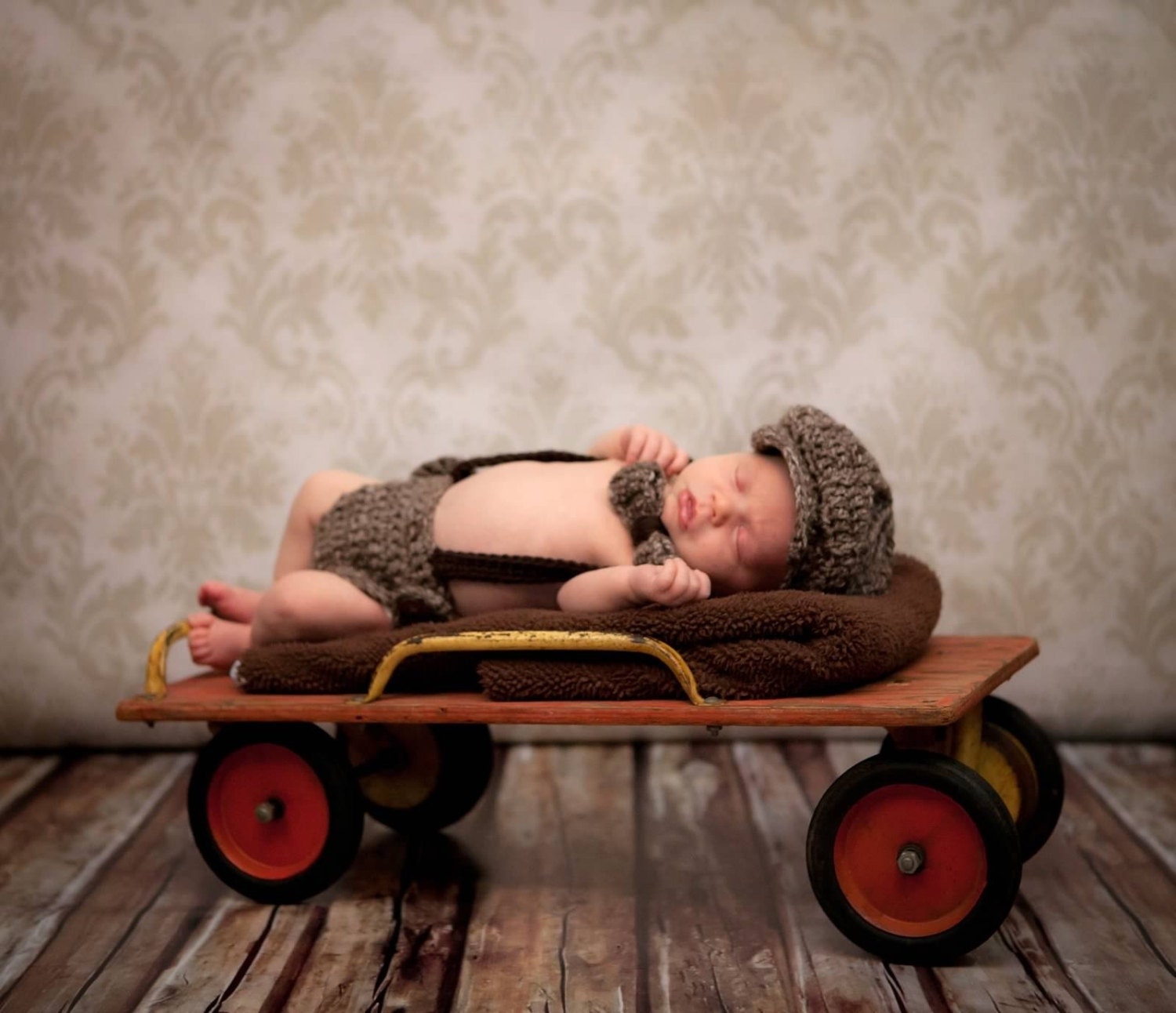 Baby BOY Hat Set - 3 Piece Newsboy Hat Bow Tie and Diaper Cover w Suspenders Set - PHOTO Prop - Made to ORDER - Newborn - Taupe Brown