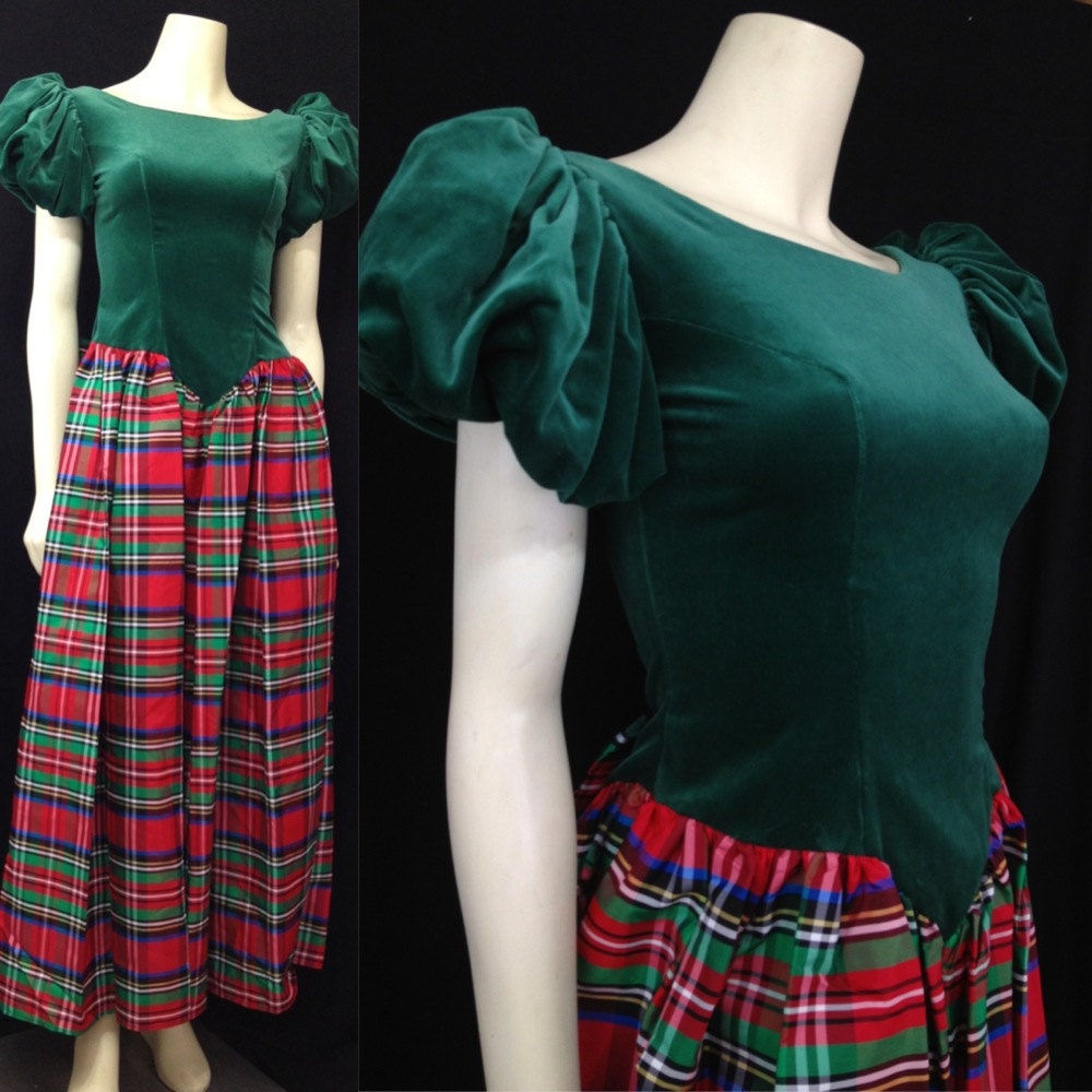 Vintage House of Bianchi 1980s taffeta and velvet plaid dress with butt bow and Puffy Sleeves