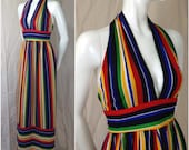 1970s halter dress maxi vintage Striped nylon backless candy Rainbow Disco