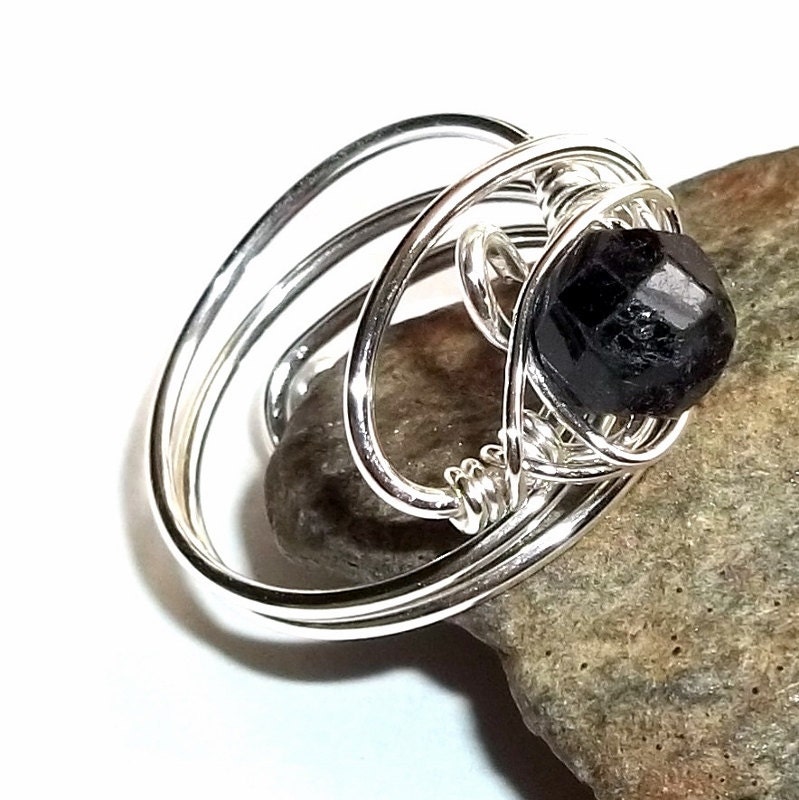 Black Tourmaline Gemstone Ring Adjustable Sterling Silver Wire Wrapped  earthegy