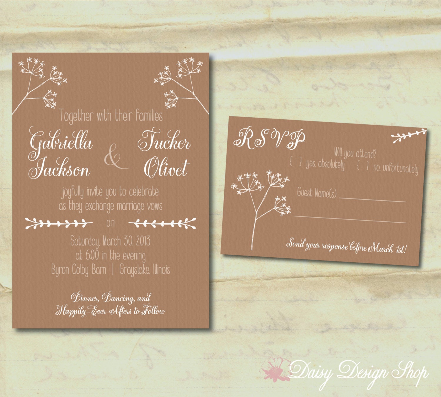Wedding Invitation - Greenery Sketches on Textured Background - Invitation and RSVP Card with Envelopes