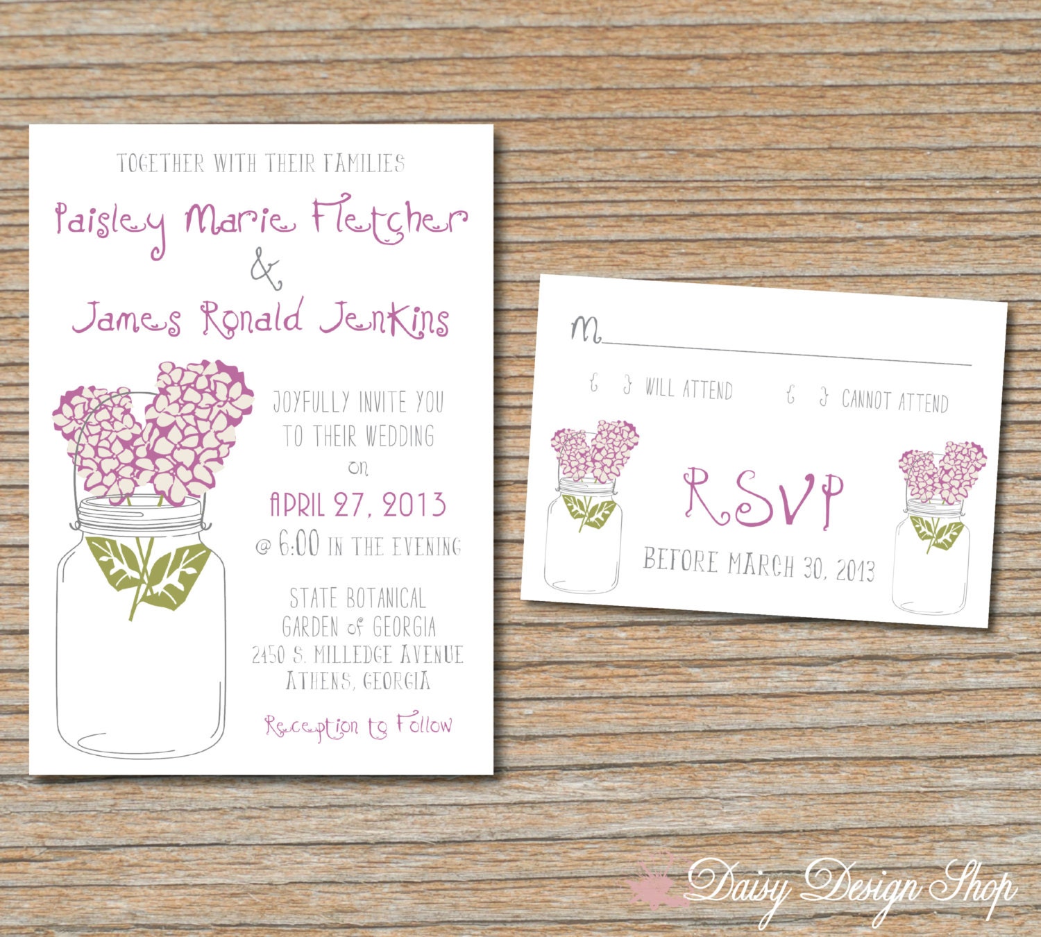Wedding Invitation - Mason Jar with Hydrangea Blossoms - Invitation and RSVP Card with Envelopes