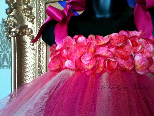 Coral Fuschia and Yellow Tutu Dress with Hydrangea Flower Front - Up to 4T