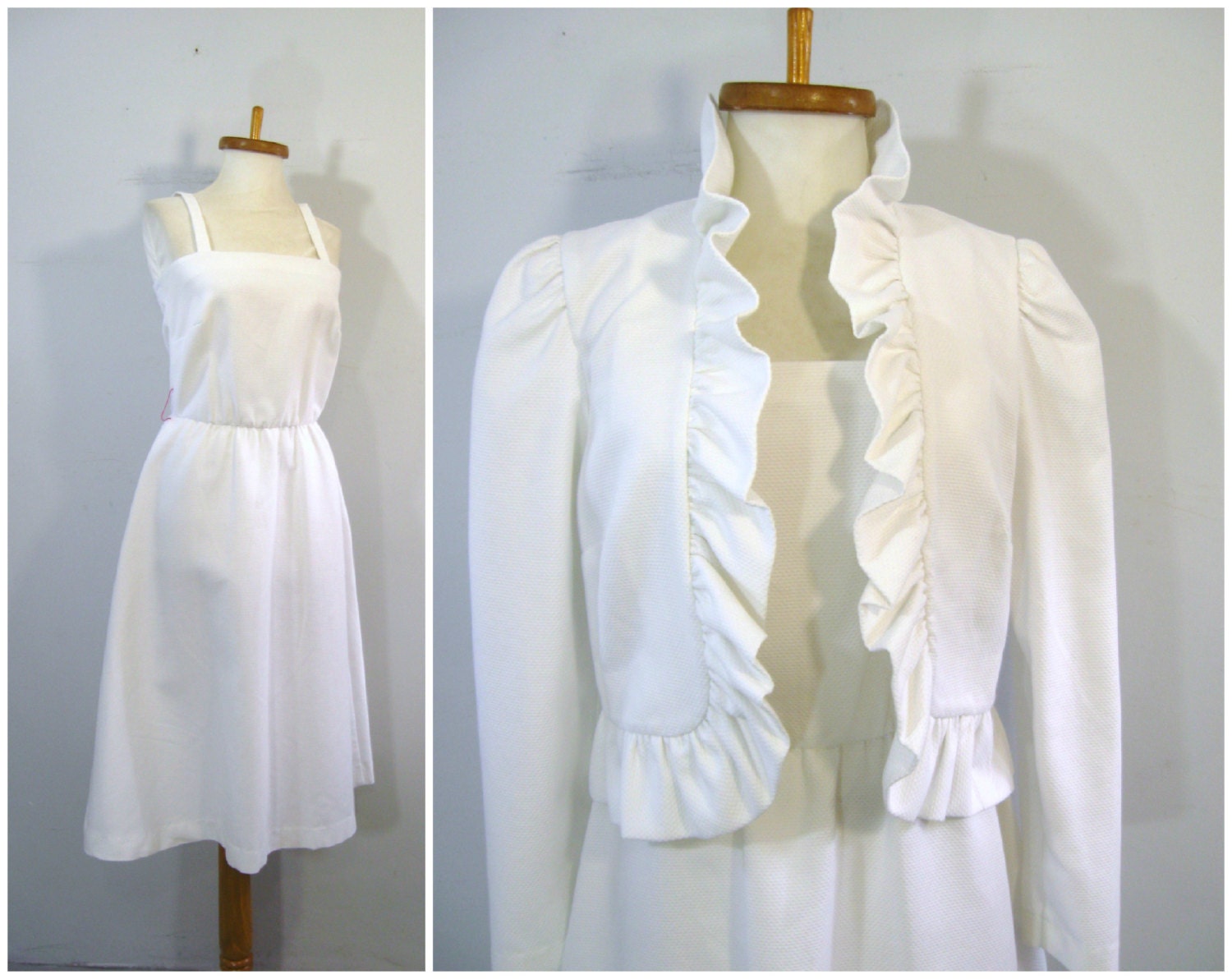 Vtg 70s Bright White Pique Sun Dress Set Crop Ruffle Jacket XS S