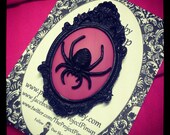 Black & Pink Spider Cameo Brooch Pin with Ornate Frame