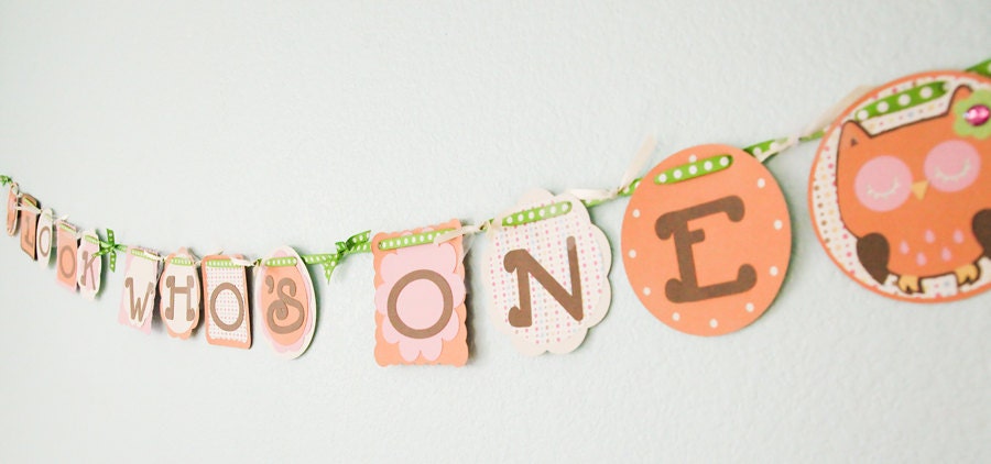 Owl Banner - orange pink green brown - Beautiful Birthday - Baby Shower Banner - (11 characters and and 2 owls)