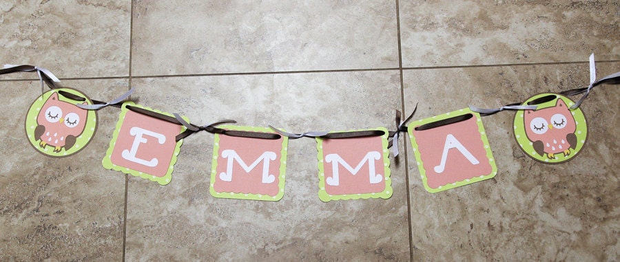 Polka Dot Owl Banner - pink brown lime green - Beautiful Birthday -  Baby Shower Banner - (4 characters and 2 owls)