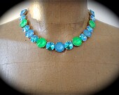 Neon  Blue/Green Tennis Necklace, Swarovski Statement Necklace, Light Blue Necklace, Blue and GreenNecklace, Chunky Rhinestone Necklace