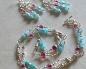 Aquamarine and Tourmaline Necklace - Genuine silver Pink Tourmaline Milky Aquamarine Gemstone Stone filigree beads opera length chain