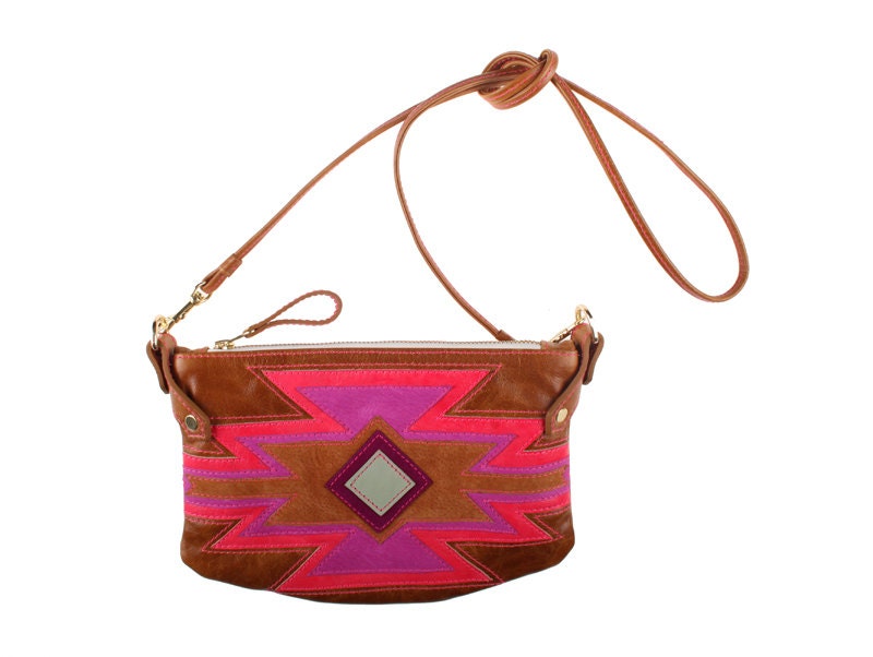 Aztec Cha Ching bag in tan leather with aztec detailing in bright pinks and tan