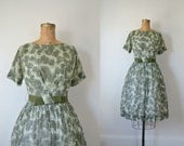 1950s Dress / 50s Green Floral Voile Dress