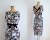 1950s Cocktail Dress / 50s Floral Wiggle Dress / Helena Barbieri
