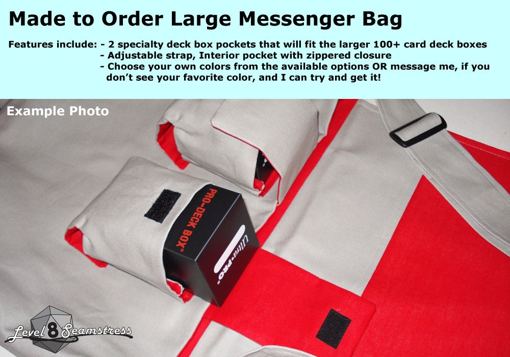 Made to Order LARGE Messenger Bag with 2 Deck Pockets for Larger Pro Style Deck Boxes for MTG or other Trading Card Games Deck Storage