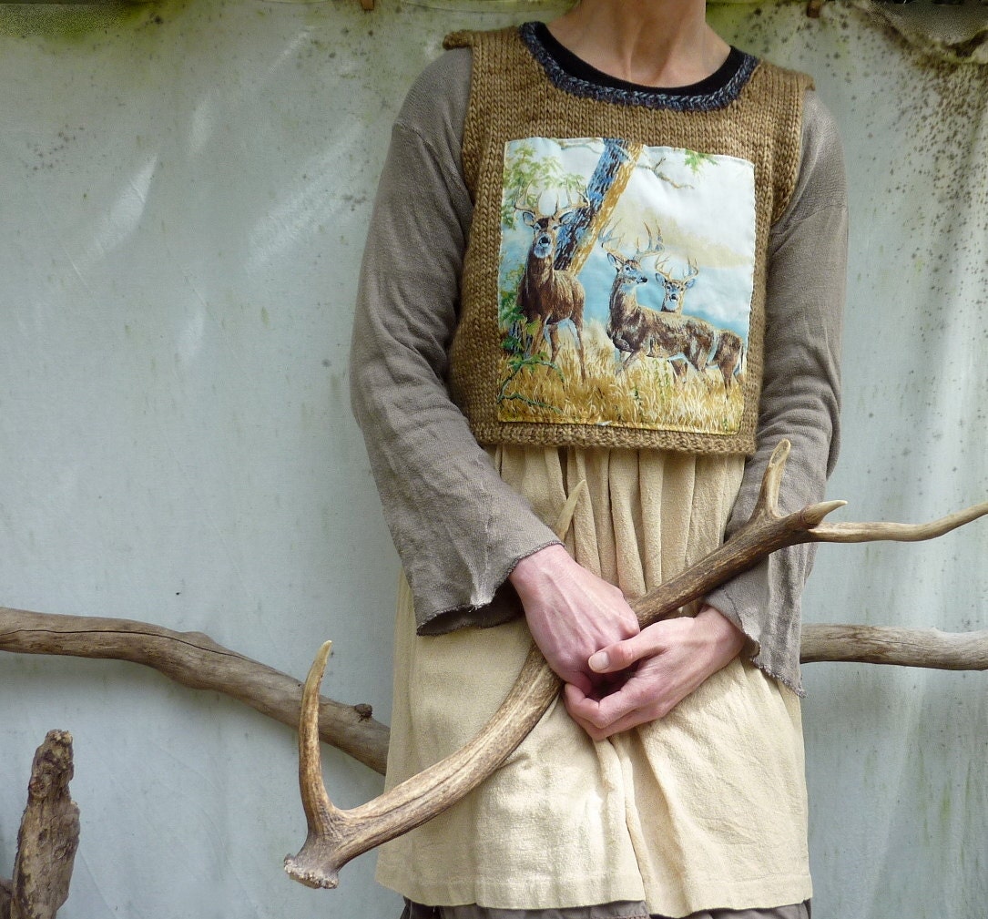 Deerest Bodice, hand knitted nutmeg bodice in silk, merino and alpaca luxury yarn with deer panel READY TO SHIP
