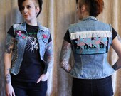 Upcycled DIY Trashobilly Pink Flamingo Kitsch Denim Vest Rockabilly Punk