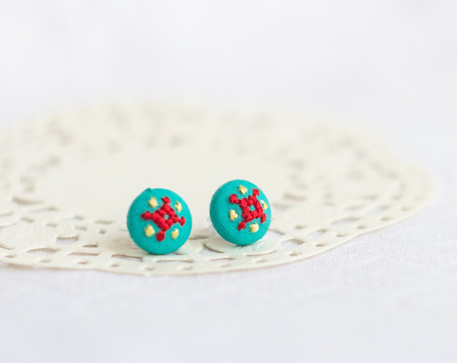 Tiny mint stud earrings - ethnic hand embroidery - e011