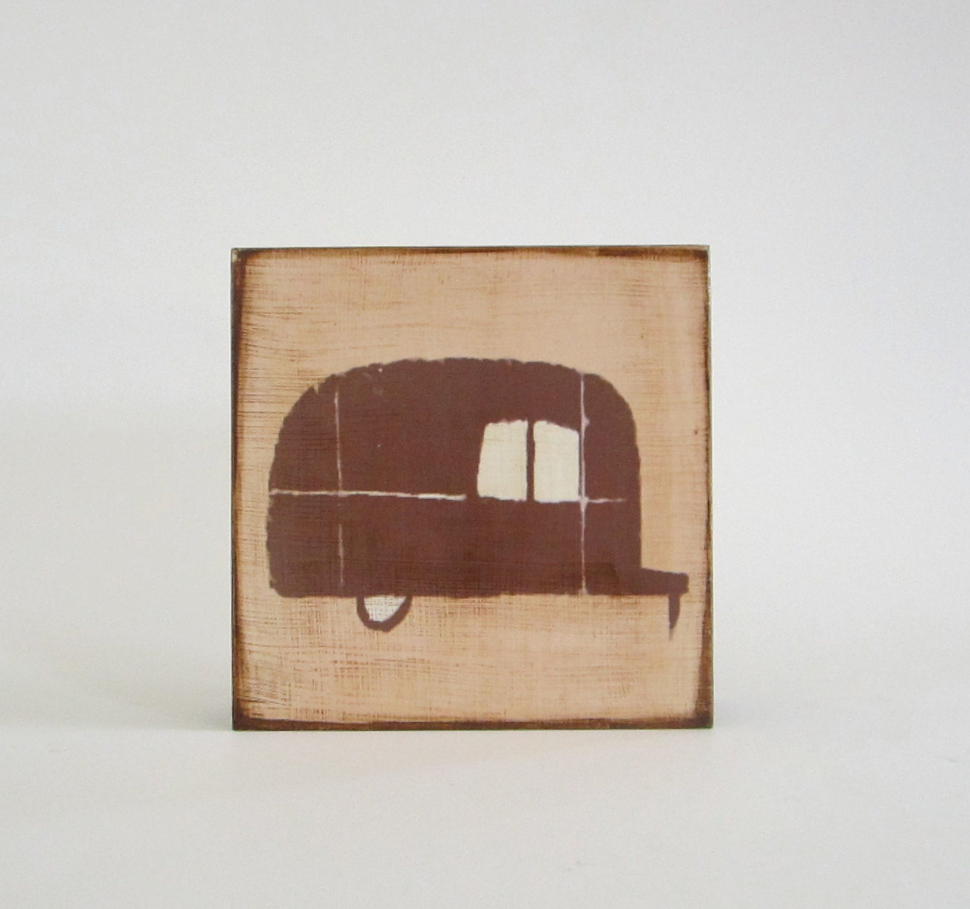 Trailer Brown Sepia 5x5 art block on wood austin texas journey travel neutral rust beige red tile studio