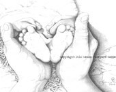 Christmas - Nativity drawing of baby feet and mother's hands, print - Pondering His Path