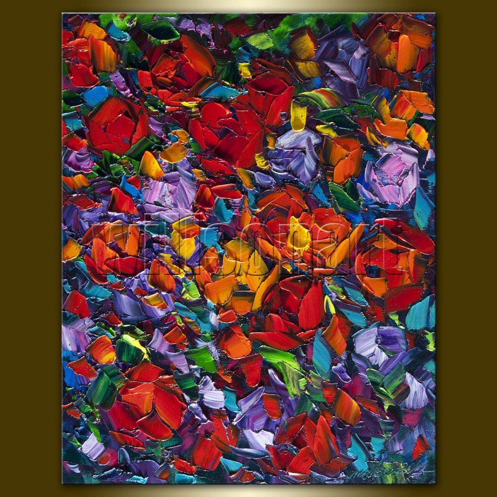 Rose Red Roses Floral Original Painting Textured Palette Knife Oil on Canvas Contemporary Modern Art 16X20 by Willson Lau