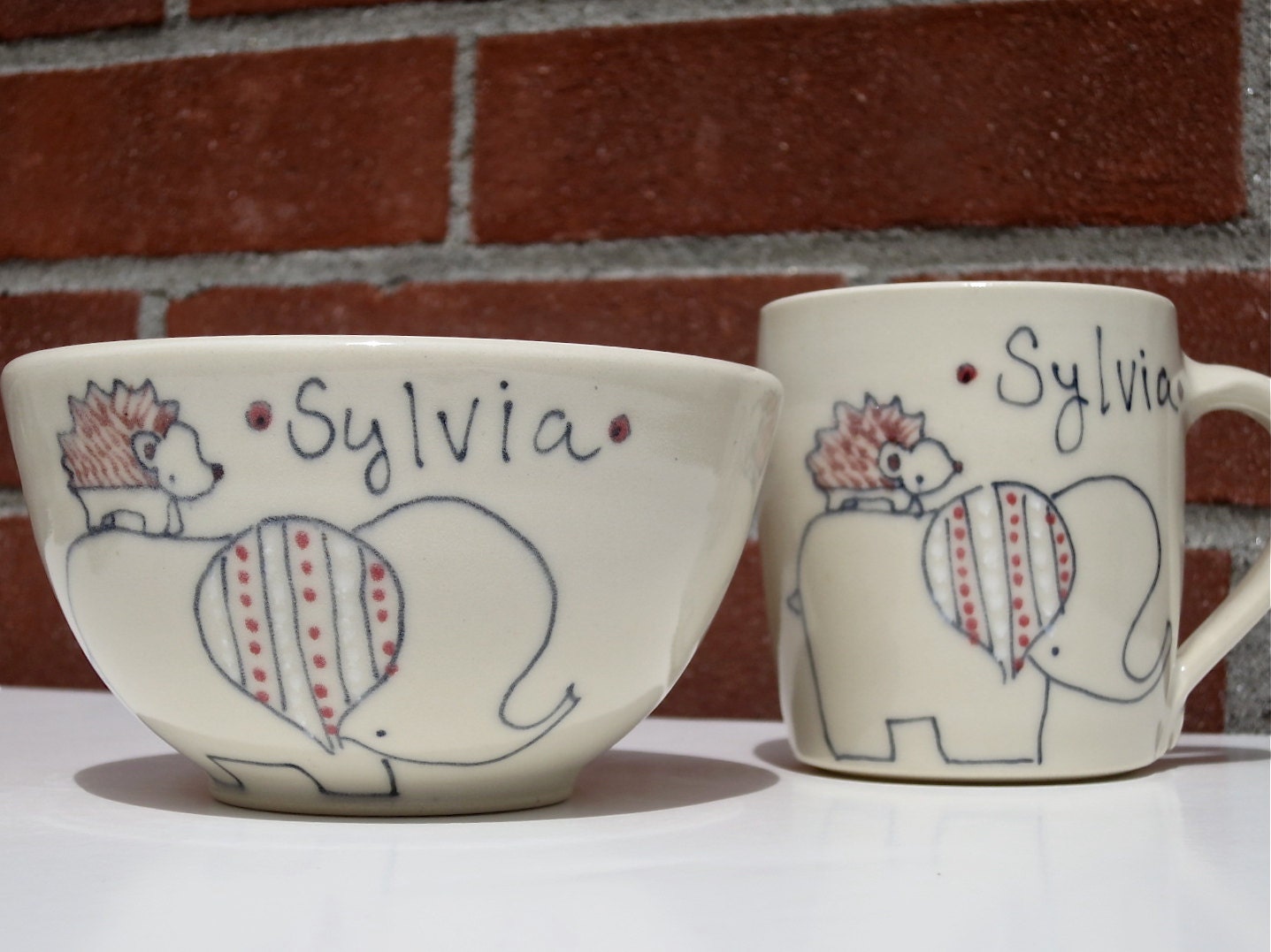 Personalized Baby Gift Set - Mug and Bowl - Elephant and Hedgehog Illustration