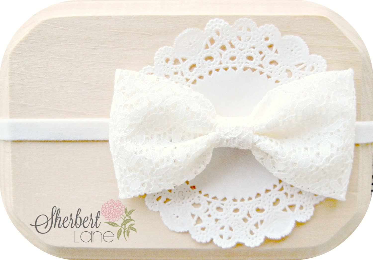 Baby Fabric Bow Headband or Hair Clip - Ivory Lace Fabric Bow - Ivory Velvet Elastic