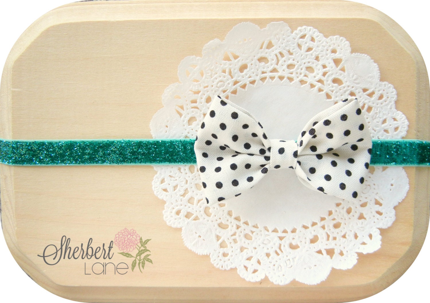 Baby Fabric Bow Headband - Cream and Black Polka Dot Bow - Mint Glitter Elastic