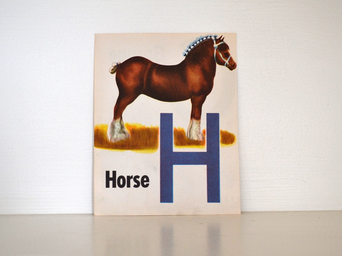 Vintage Letter H Children's Book Illustration, Horse, Equestrian Art, Drawing, Monogram, Initial H, G Wall Decor, Lithograph, Pony