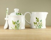 Hand Painted white ceramic sugar bowl and hand painted ceramic  creamer green botanical design queen anne's lace modern kitchen decor Spring