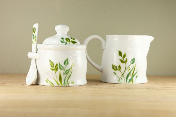Hand Painted white ceramic sugar bowl and hand painted ceramic  creamer green botanical design queen anne's lace modern kitchen decor Spring