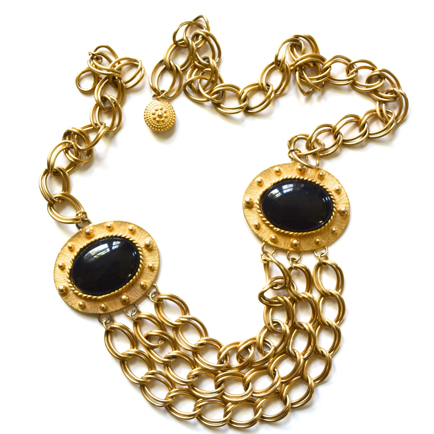 70s Chunky Chain Belt/ Black Lucite/ Runway style belt/ Long chains