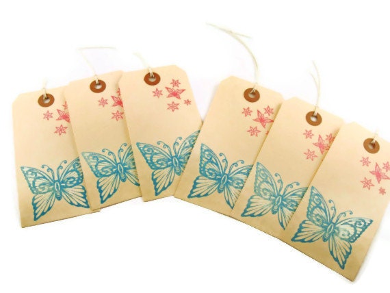 Turquoise Blue & Pink Butterfly Gift Tags Set of 6 Handmade Merchandise Tags Gift Wrap Scrapbooking Wedding Escort Tags