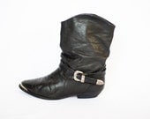 black leather western cowgirl heeled calf boots size 7.5
