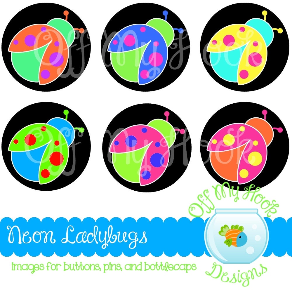 NEON LADYBUGS. Ladybug Images, 1 Inch Button images, Bottlecap images, Digital images, 1 Inch Circle Images