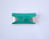 Leather Mini Business Card Case - Patent Green and Gold Color Block
