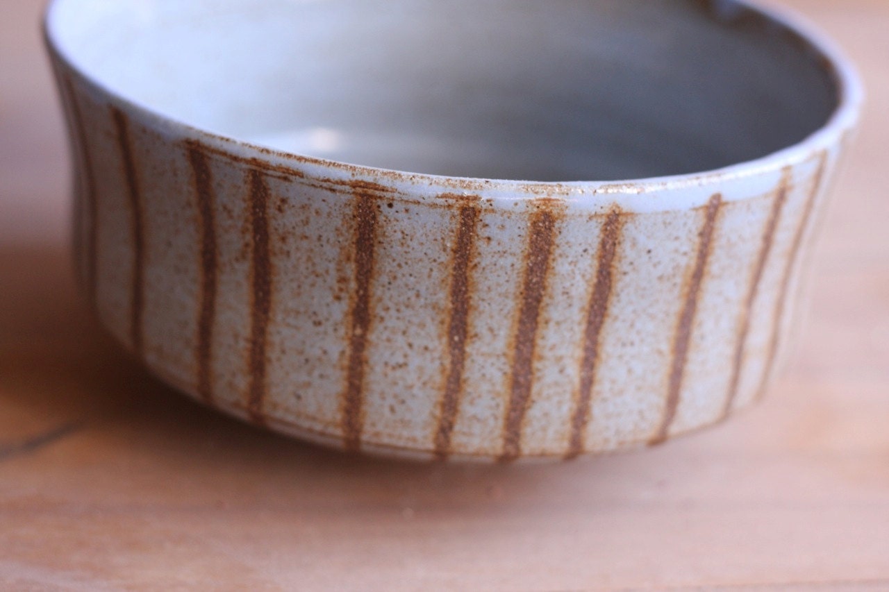 Stripe Pottery Bowl - Dark Expresso Clay with Blue Glaze - Serving Bowl