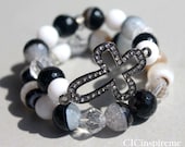 Black and White Gemstone Sideways Cross Bracelet